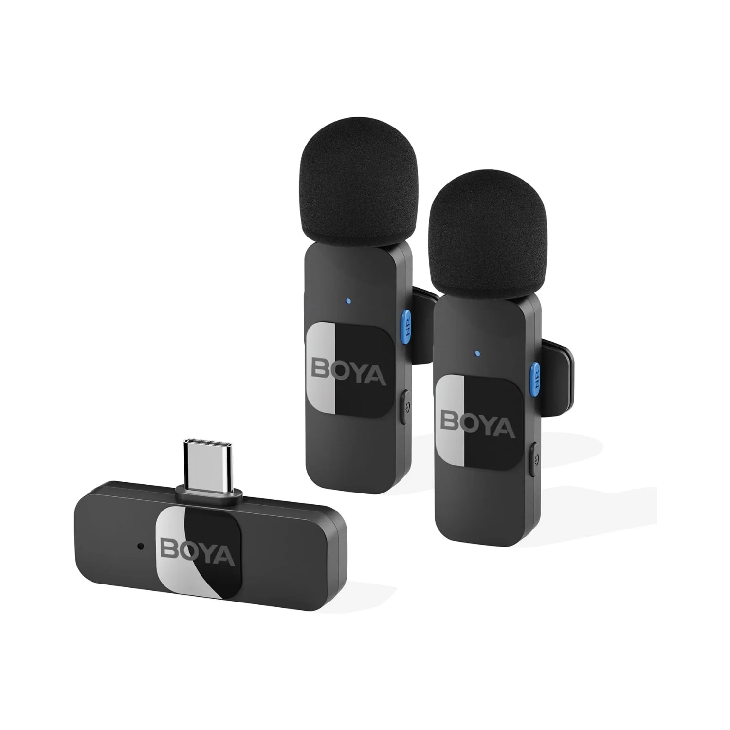 BOYA mini wireless lavalier microphone set featuring two transmitters and a receiver for clear audio recording