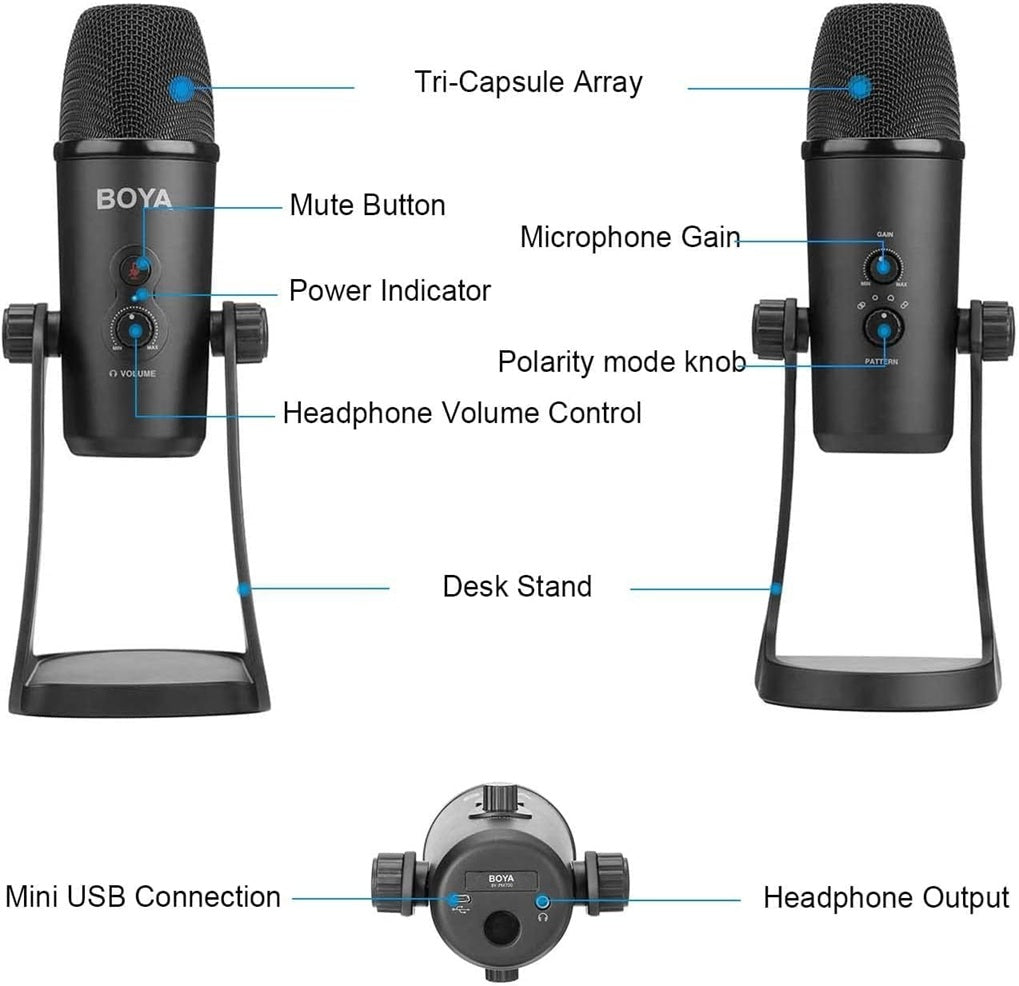 BOYA PM700 USB condenser microphone with adjustable volume control for clear audio recording