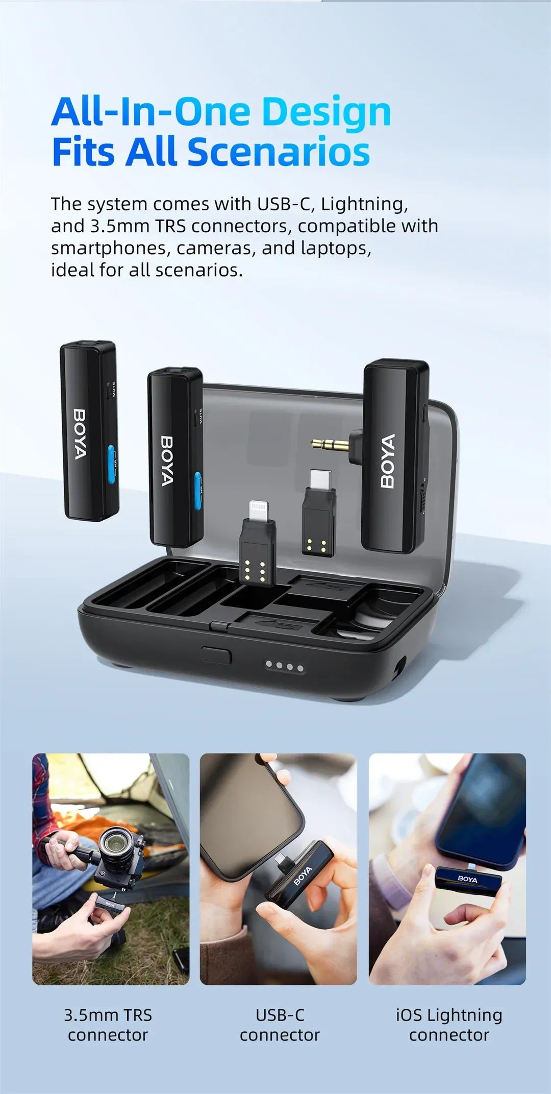 Wireless lavalier microphone with charging box showcasing compact design and included accessories