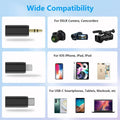 Wide compatibility image showing connections for wireless lavalier microphone with charging box to cameras and smartphones