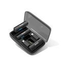 Wireless lavalier microphone with charging box showcasing compact design and included accessories