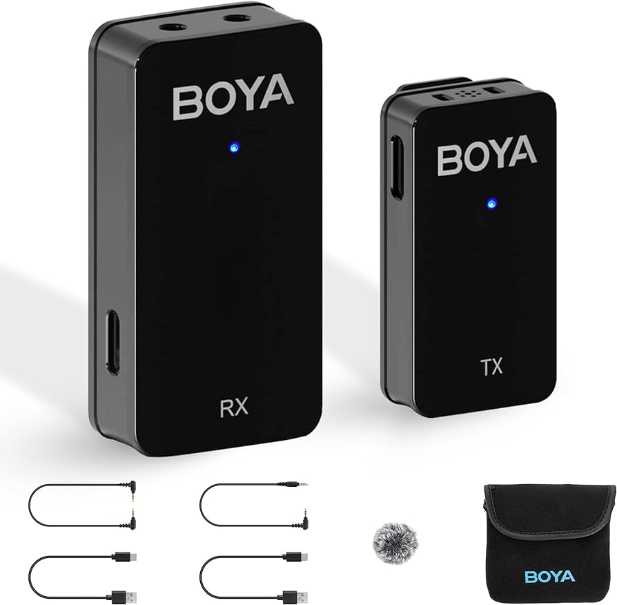 BOYA WMIC5 M1 wireless microphone set with transmitter and receiver, included accessories in black