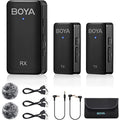 BOYA WMIC5 M2 wireless microphone kit featuring two transmitters and a receiver with accessories
