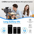 BOYA WMIC5 M2 wireless microphone system with two users, camera setup, and charging case features