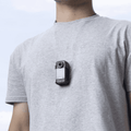 C400 Magnetic Mounting Clip attached to a gray shirt for hands-free video recording