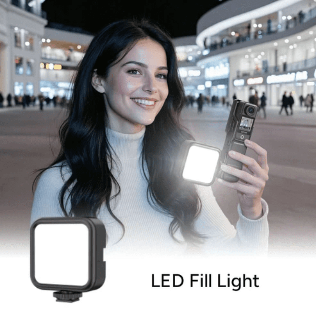 Woman holding C400 Ultra-Bright LED Fill Light while smiling outdoors at night