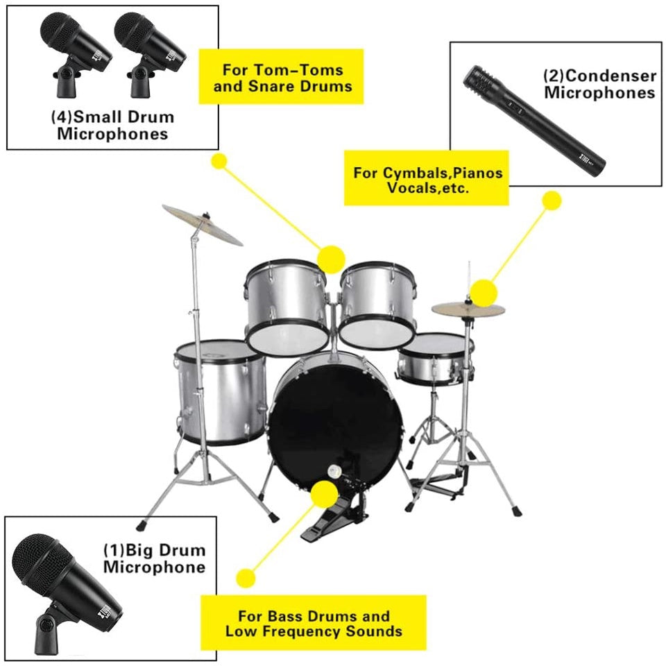 XTUGA New MI7 7Pcs Dynamic Drum Mic Kit Whole Metal Kick Bass Tom/Snare &amp; Cymbals Microphon