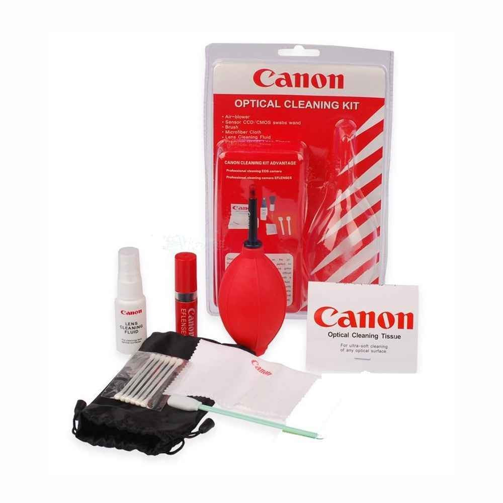 Canon camera cleaning kit including blowers, cloth, and cleaning solution for lens maintenance
