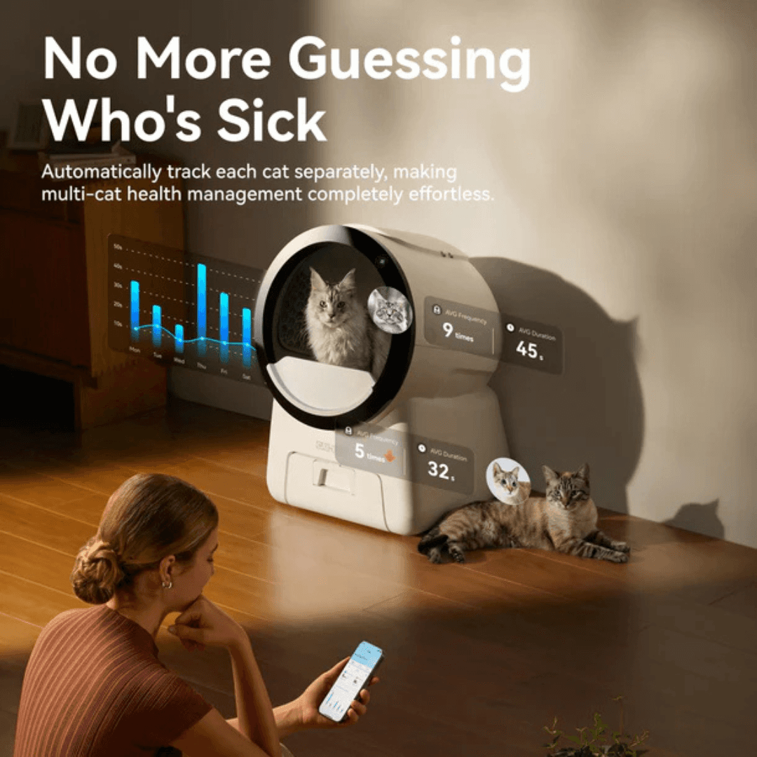 Automatic cat box litter from VMIDirect with health tracking for multiple cats in a modern home setting