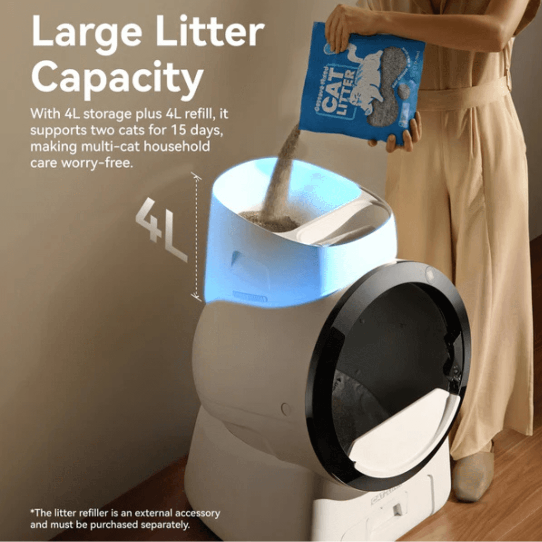 Automatic cat box litter with 4L storage capacity for two cats, designed for easy maintenance