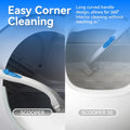 Litter box cleaning brush with a long curved handle for easy corner cleaning and 360 degree interior access