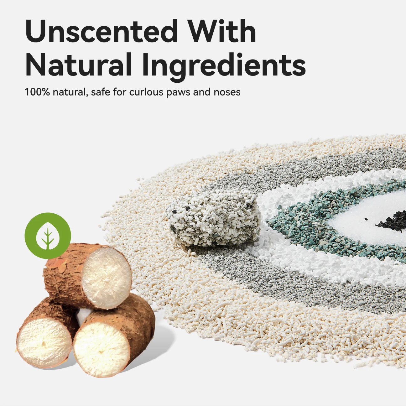 Cassava Mixed Cat Litter in a circular pattern with natural ingredients for safe and unscented use