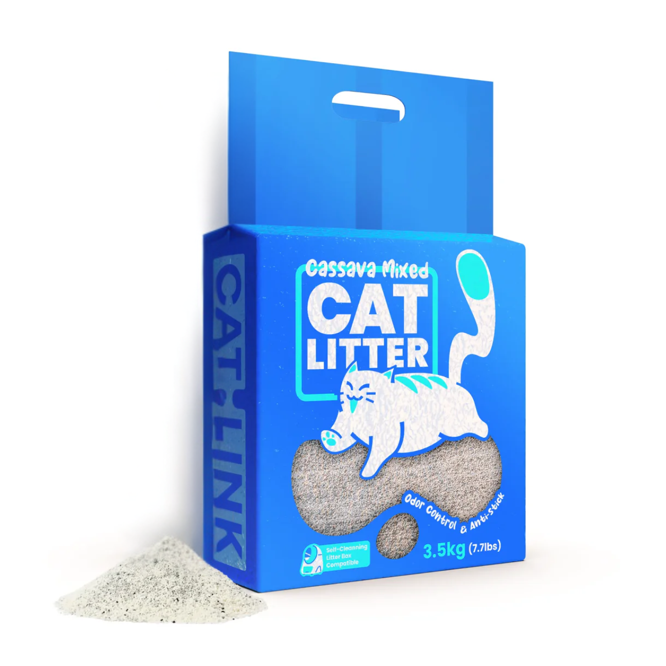 Cassava Mixed Cat Litter 3.5kg package with a playful cat illustration and granules for odor control