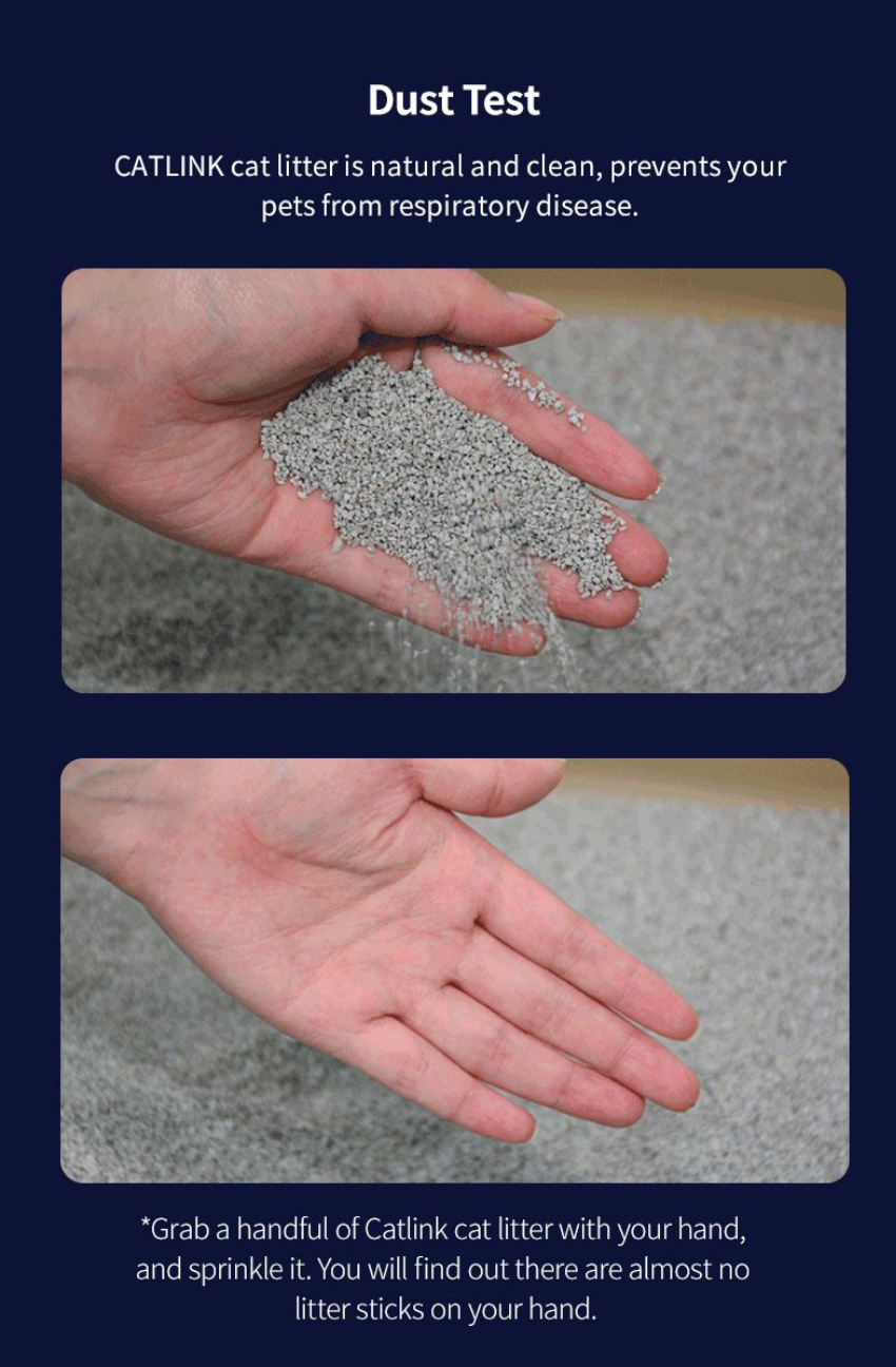 Dust test images showing VMIDirect Mars Premium cat litter demonstrating low dust and easy cleanup
