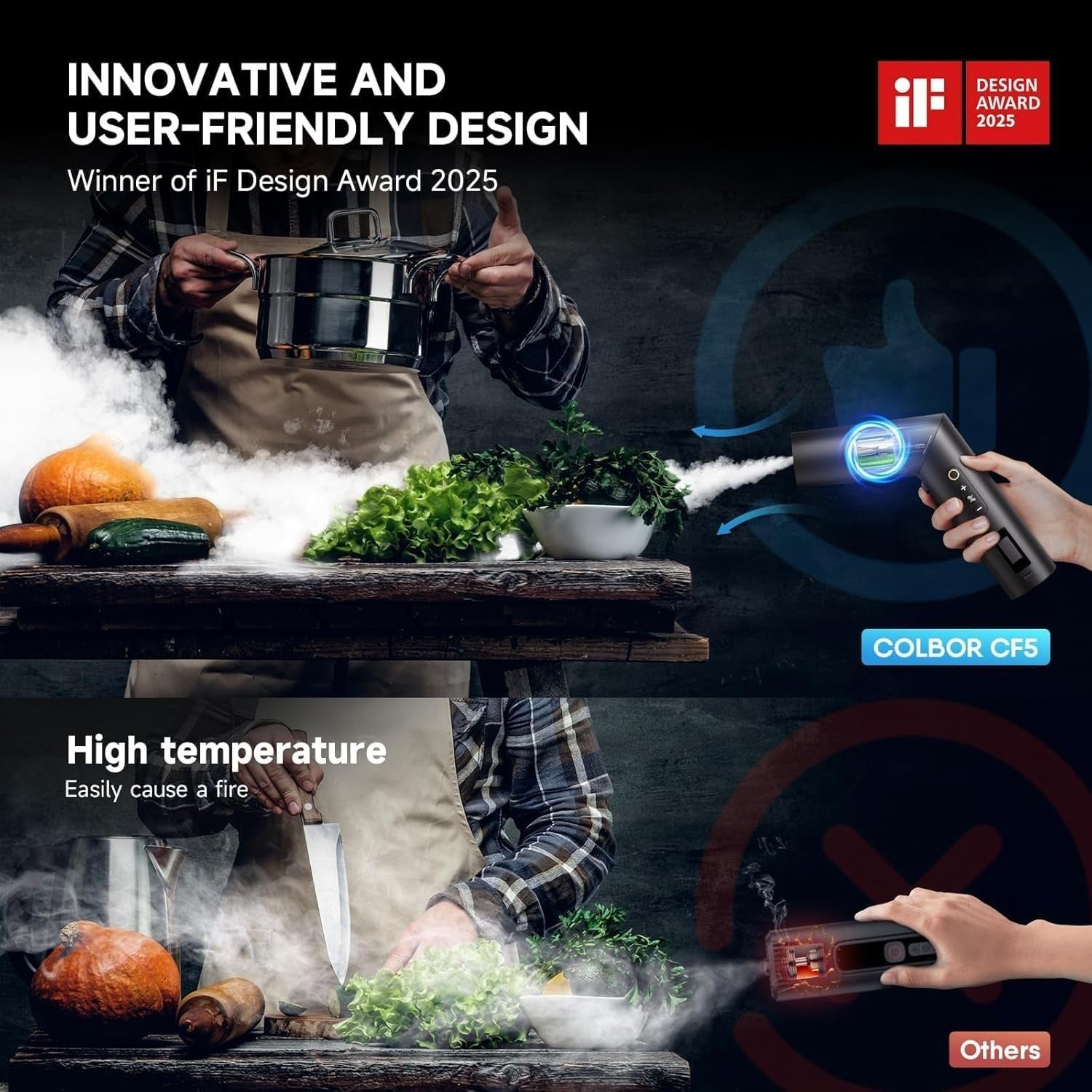 Colbor CF5 portable fog machine showcasing innovative design and high temperature use in a cooking setting
