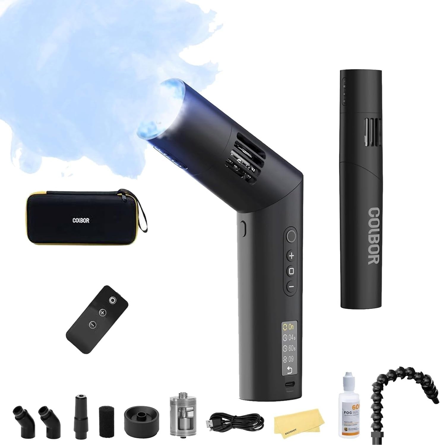 Colbor CF5 portable fog machine with accessories, remote control, and carrying case for photography use