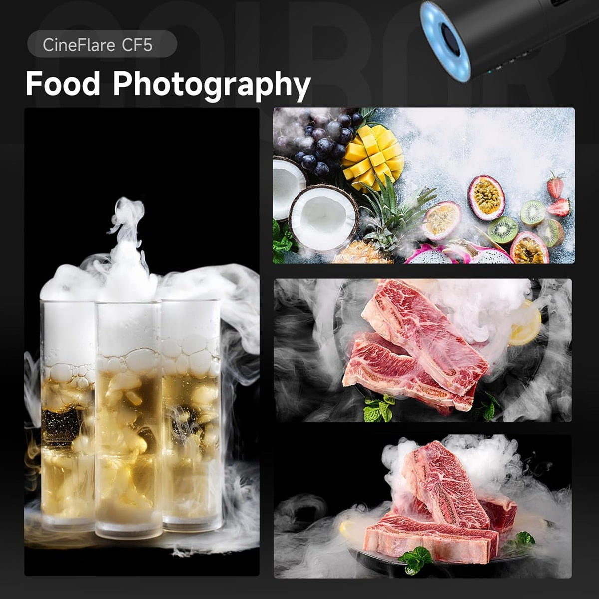 Fog machine liquid for COLBOR CF5 enhancing food photography with dramatic smoke effects
