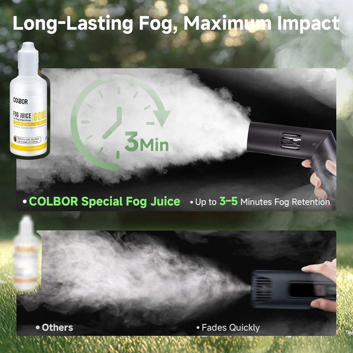 Fog machine liquid for COLBOR CF5 showcasing fast fog production and long-lasting effects