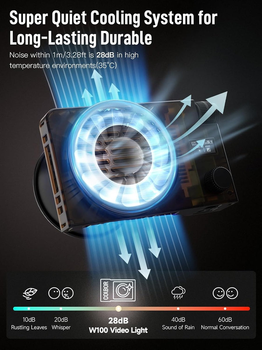 Portable LED video light 100W with super quiet cooling system for durability and performance