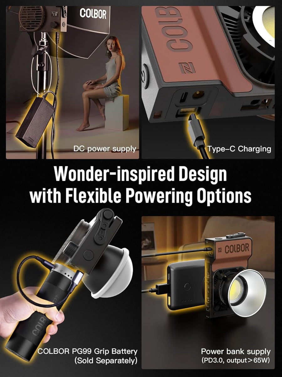 Portable LED video light 100W with flexible powering options and Type-C charging