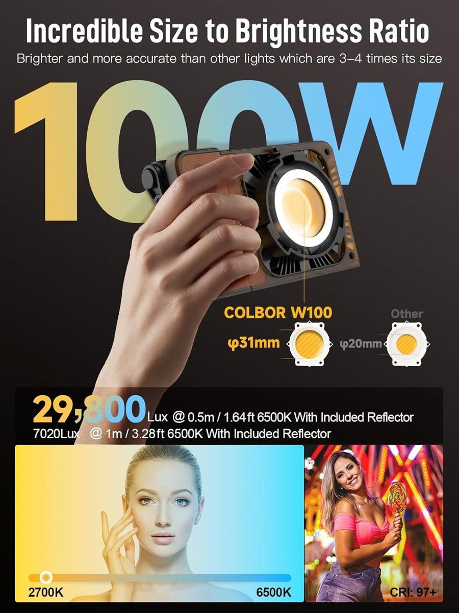 Portable LED video light 100W with high brightness and a compact design for optimal performance in photography