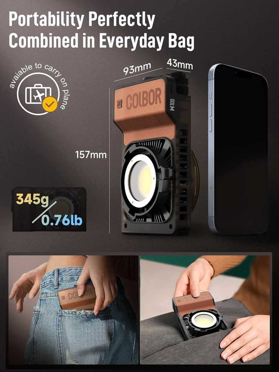 Portable LED video light 100W compact design fits in everyday bag for on-the-go lighting