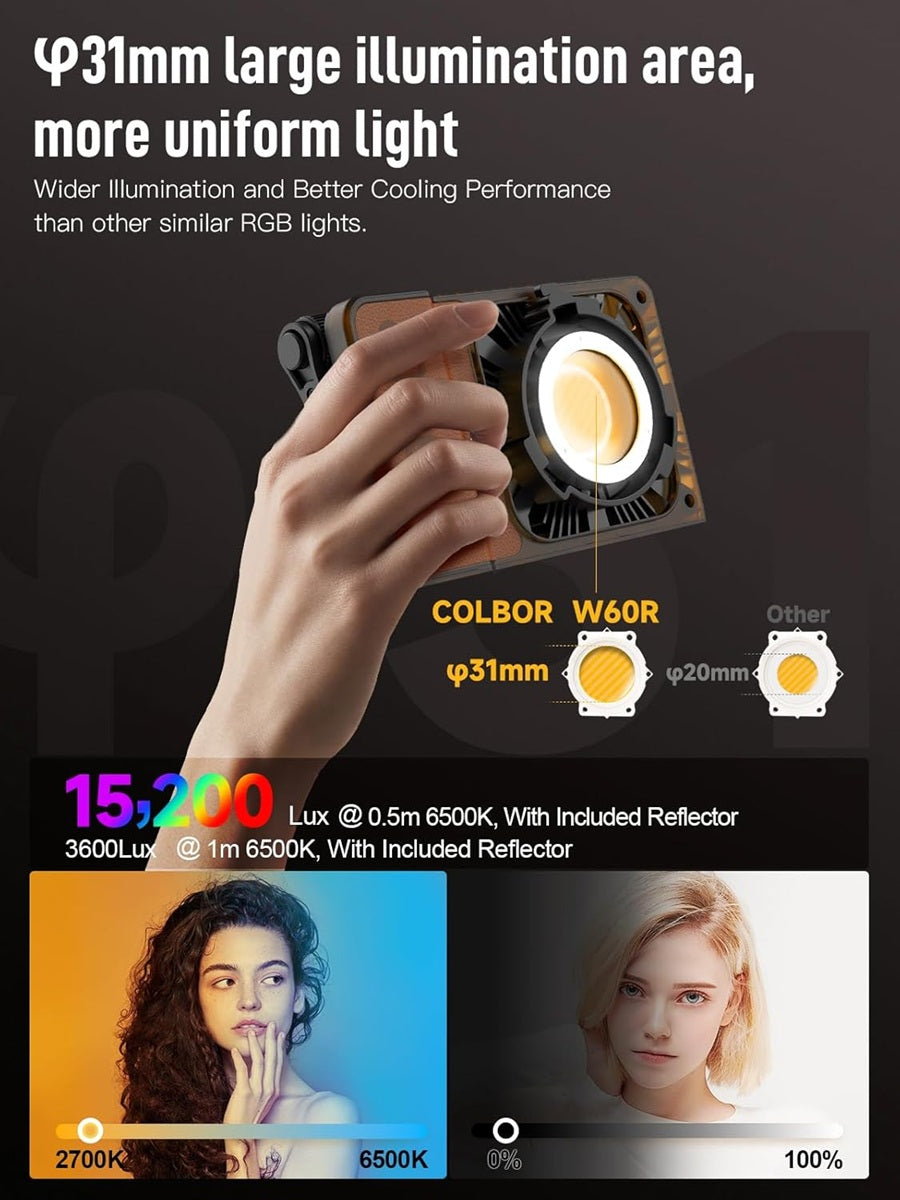 COLBOR W60 portable LED light with large illumination area and included reflector for enhanced lighting performance