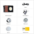 COLBOR W60 portable LED light with accessories including power adapter, cable, dome, and reflector