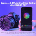 Person controlling COLBOR W60 portable LED light with smartphone app next to a camera