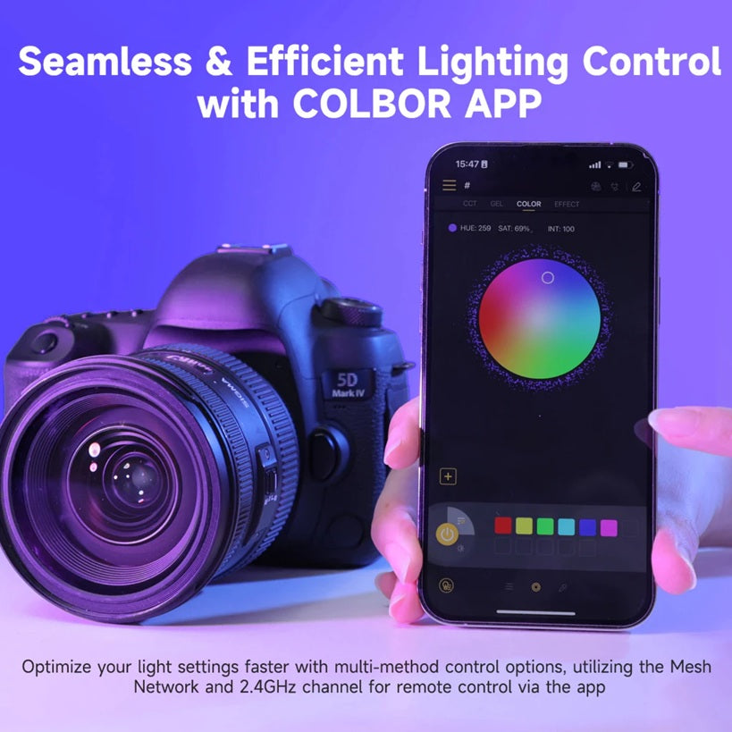 Person controlling COLBOR W60 portable LED light with smartphone app next to a camera