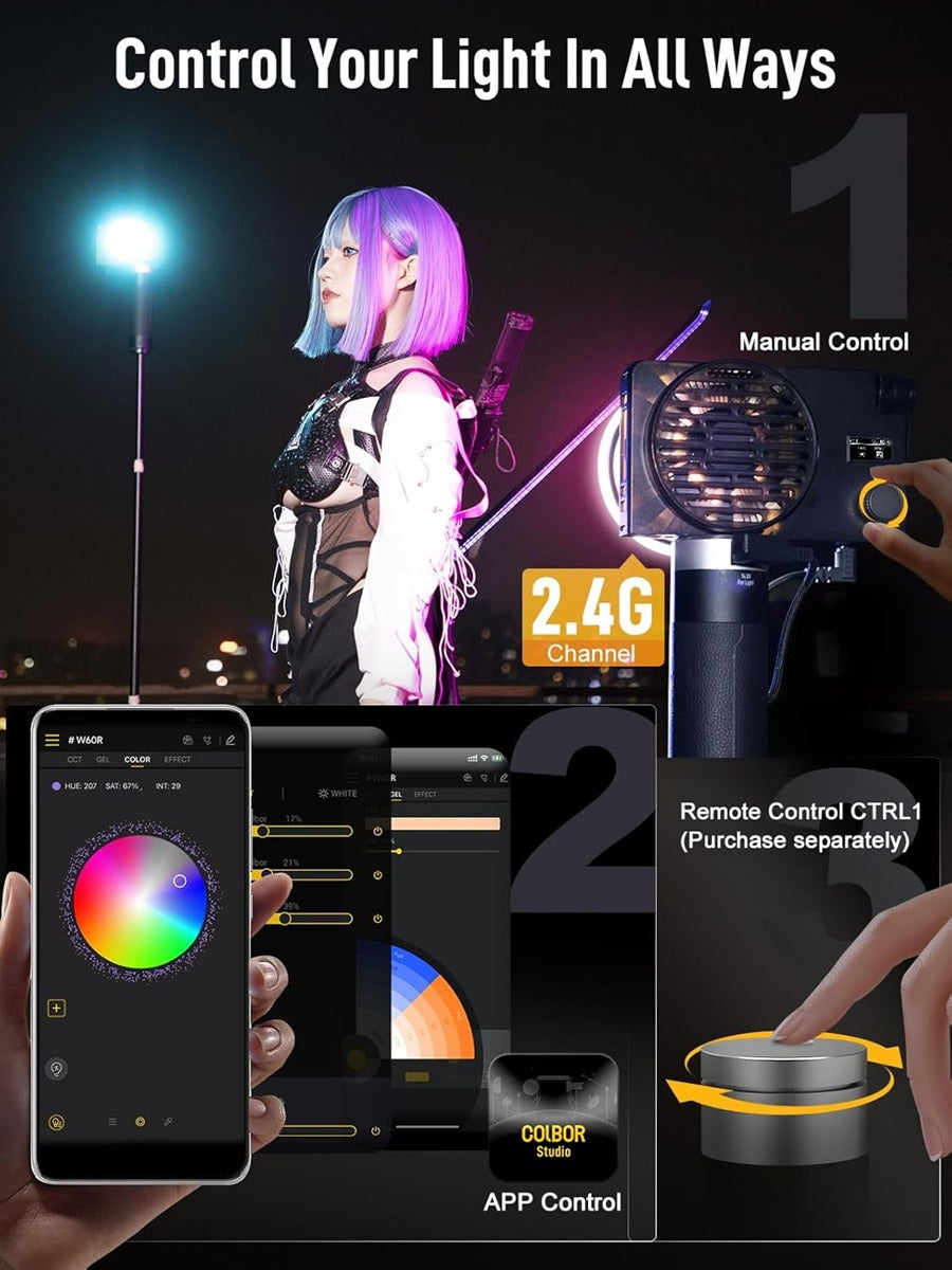 COLBOR W60 portable LED light with remote and app control for versatile lighting solutions