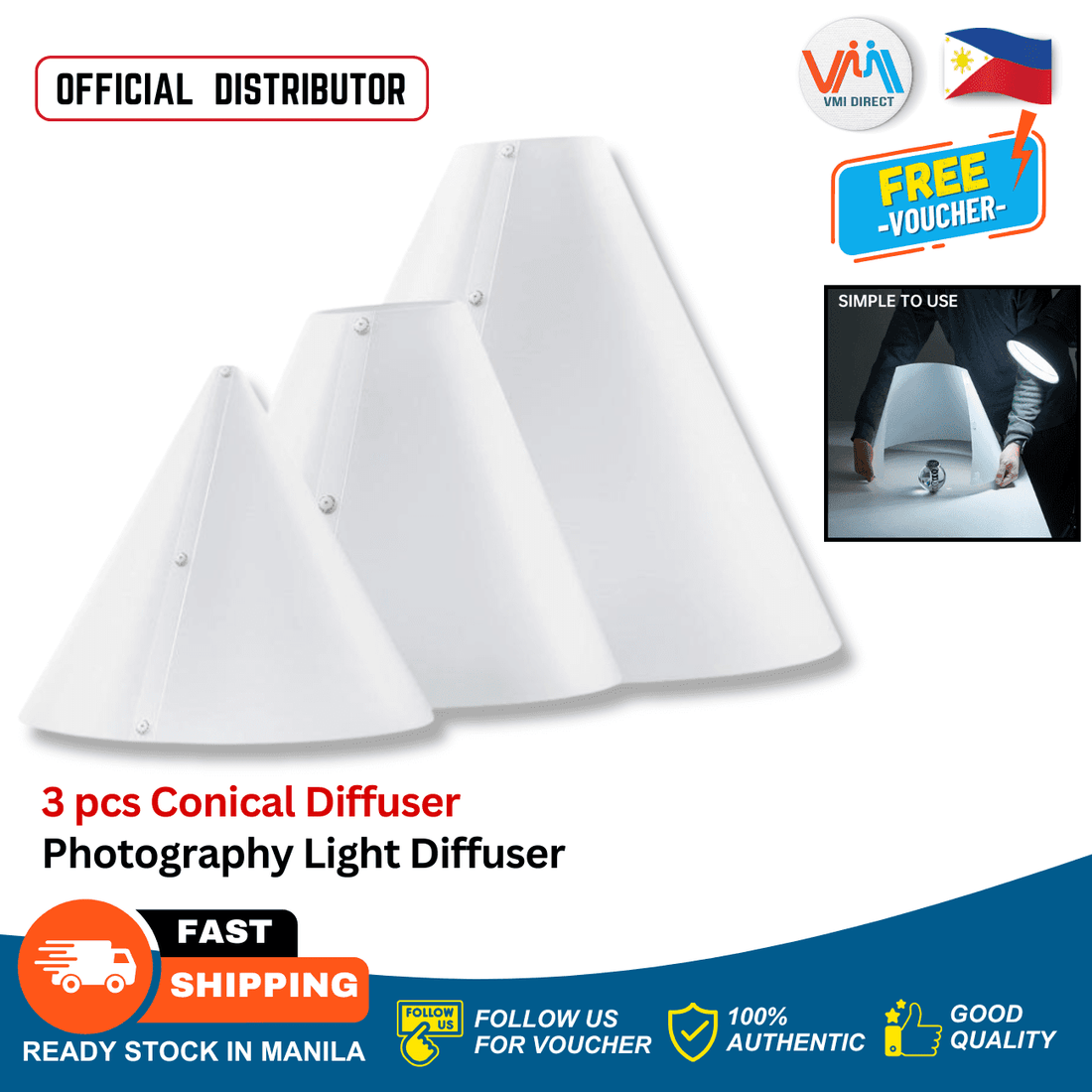 Set of three VMIDirect Cone Flash Diffusers for photography light, ideal for softening harsh light