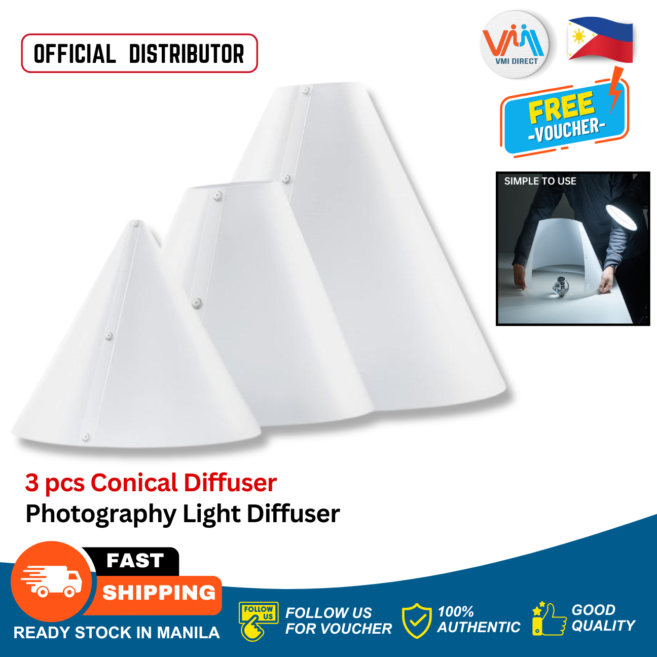 Set of three VMIDirect Cone Flash Diffusers for photography light, ideal for softening harsh light