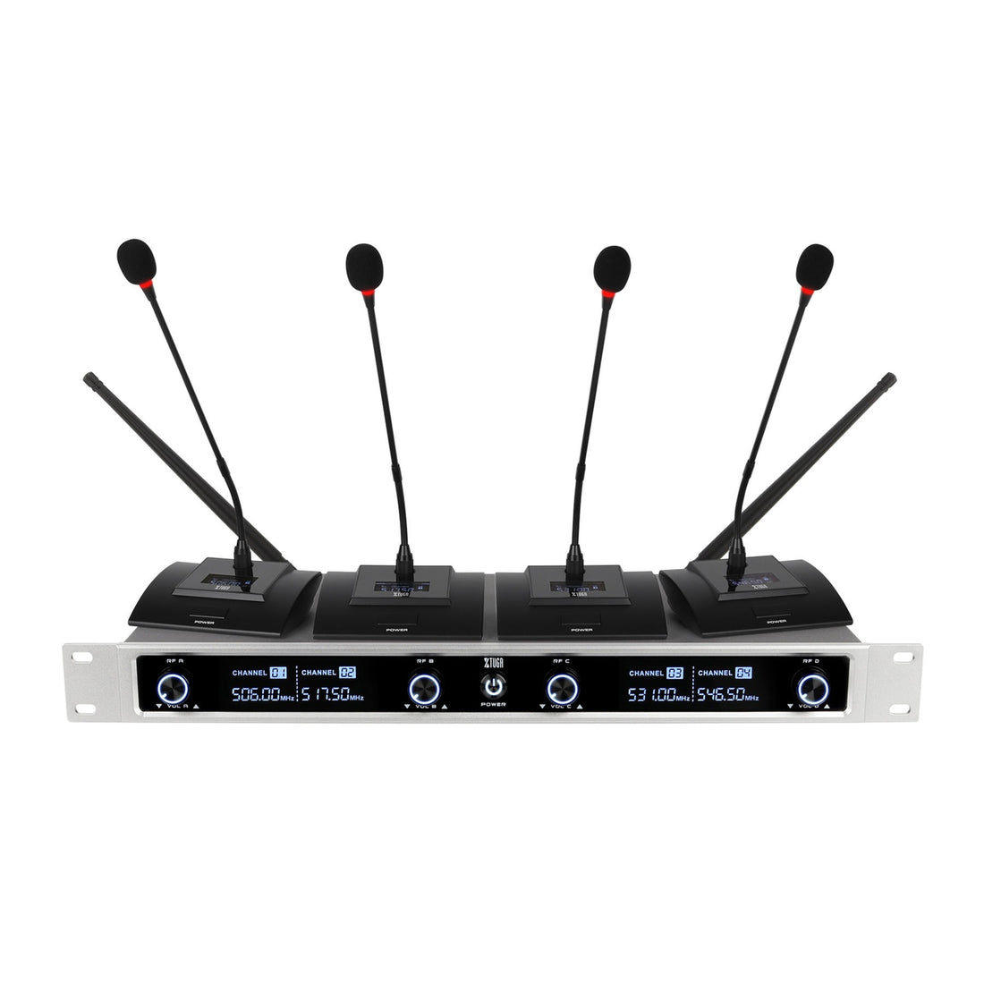 Conference microphone system with four wireless mics and antennas for group discussions