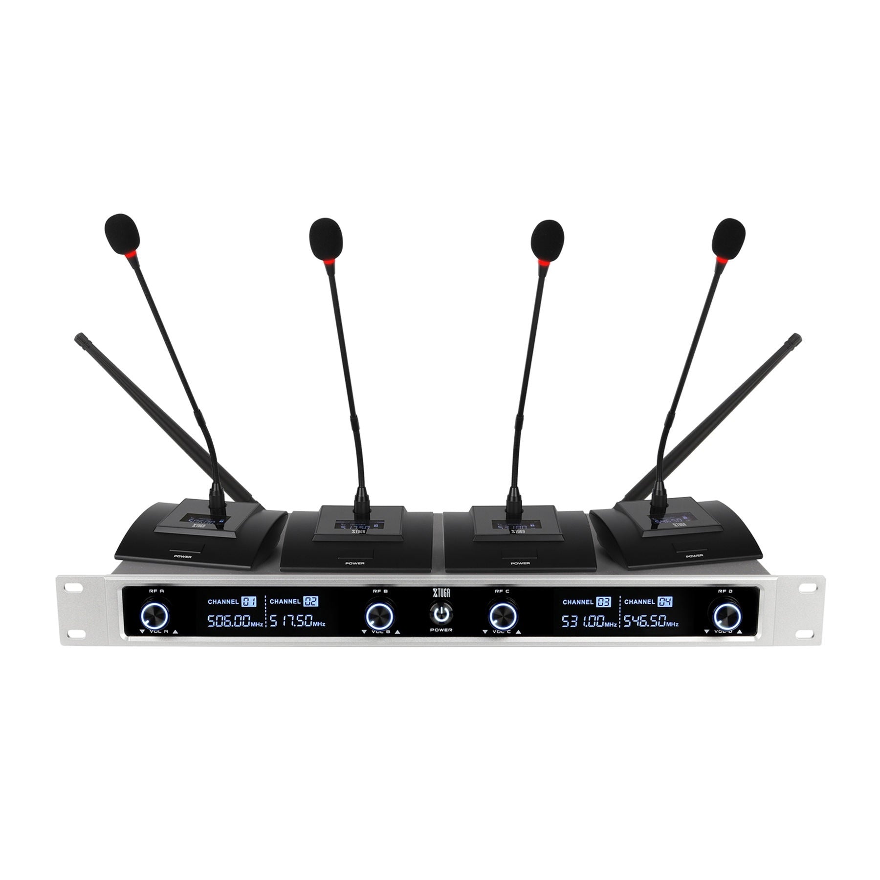 Conference microphone system with four wireless mics and antennas for group discussions