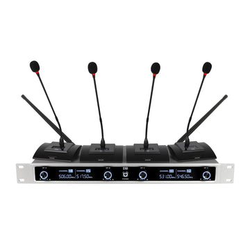 Conference microphone system with four wireless mics and antennas for group discussions