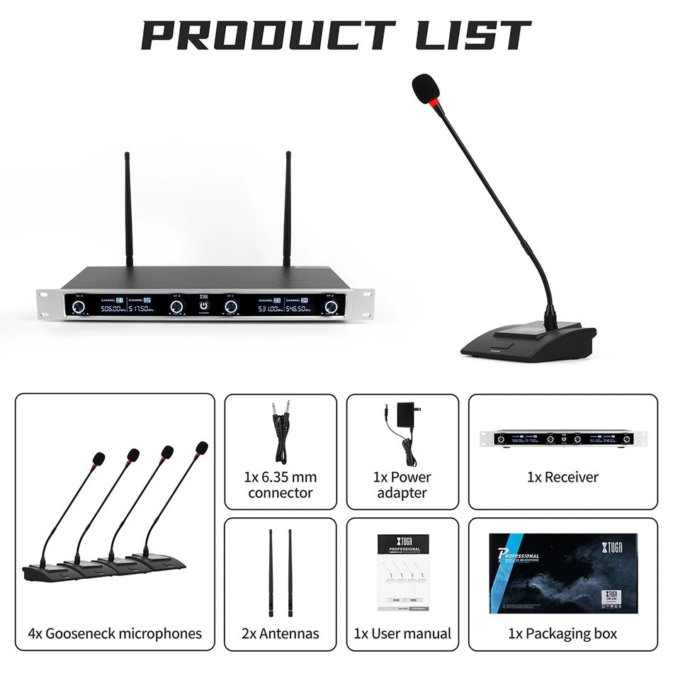 Conference microphone kit with gooseneck mics, receiver, antennas, and user manual