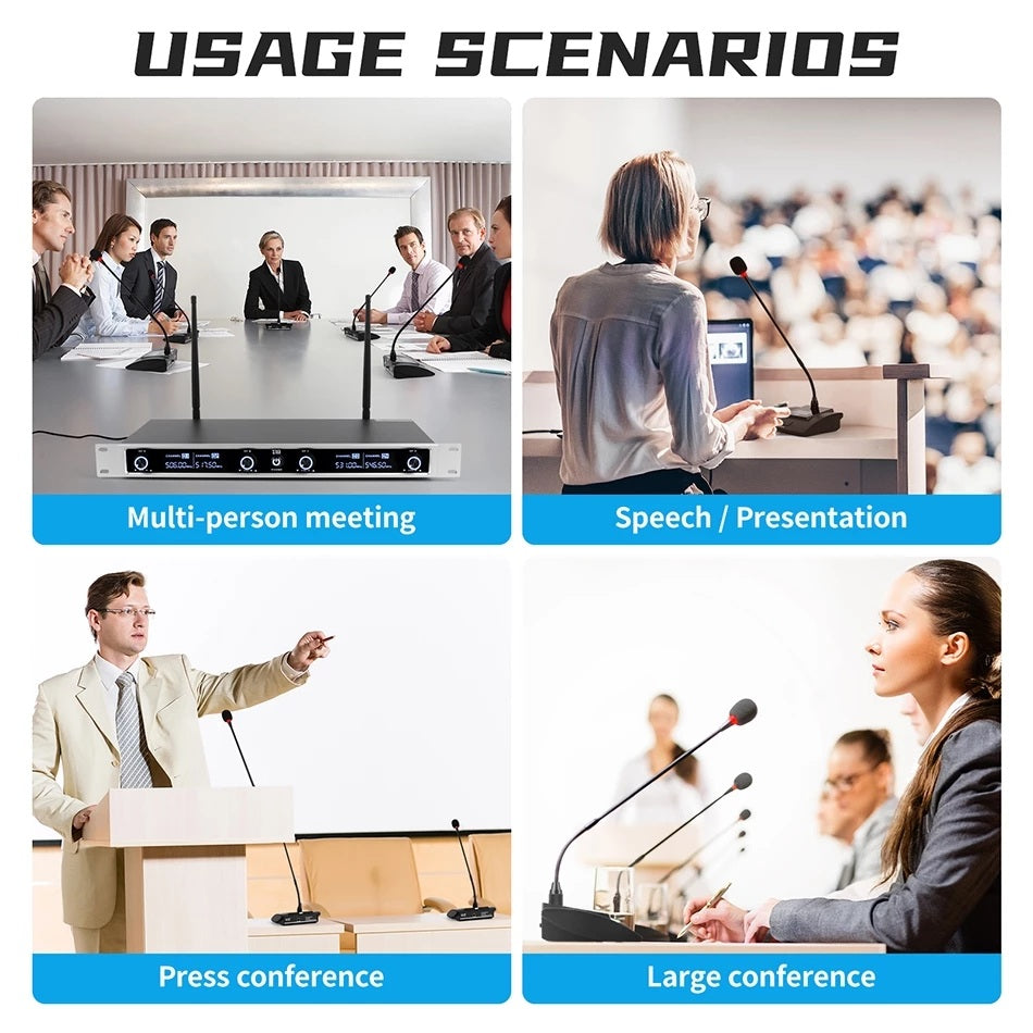 Various scenarios using a conference microphone for meetings, presentations, and press conferences