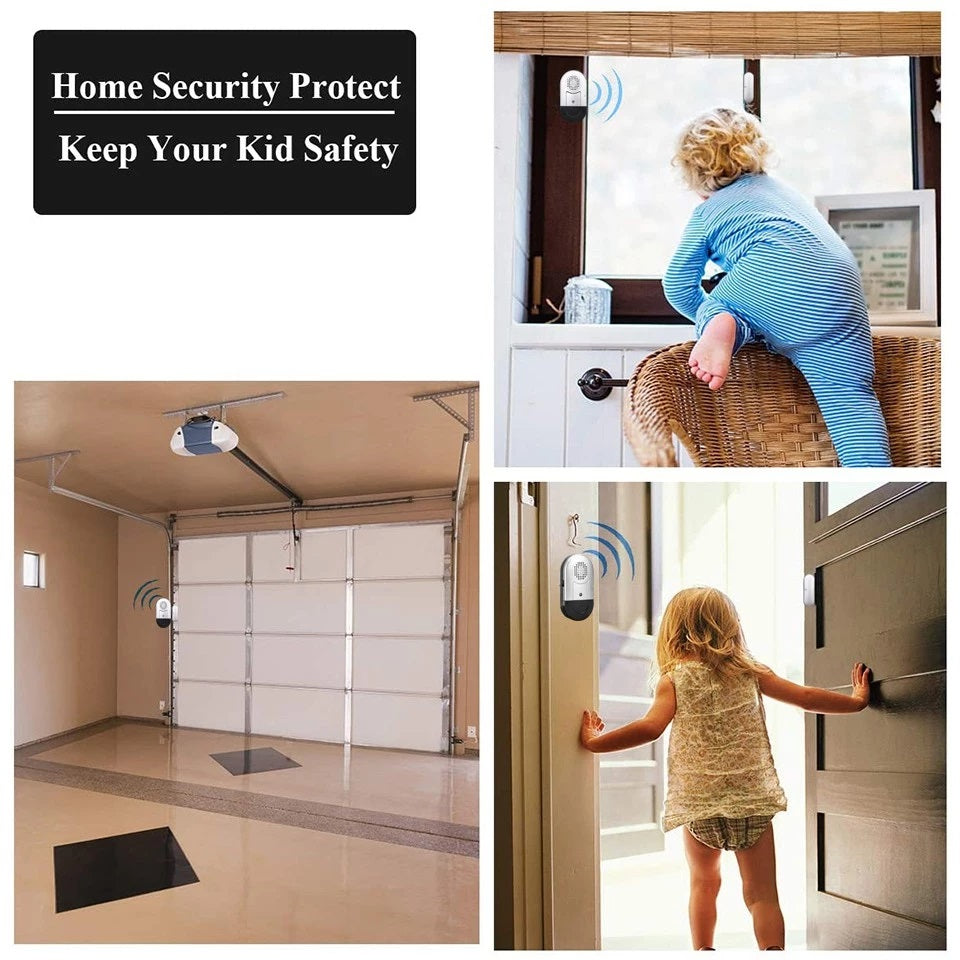 Affordable wireless alarm for doors and window shown protecting kids and garage home security system