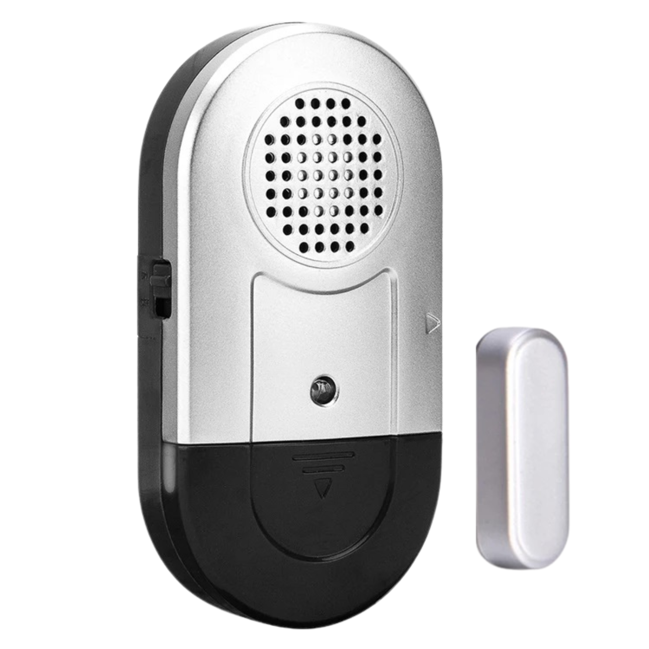 Affordable wireless alarm for doors and window with a compact silver and black security sensor