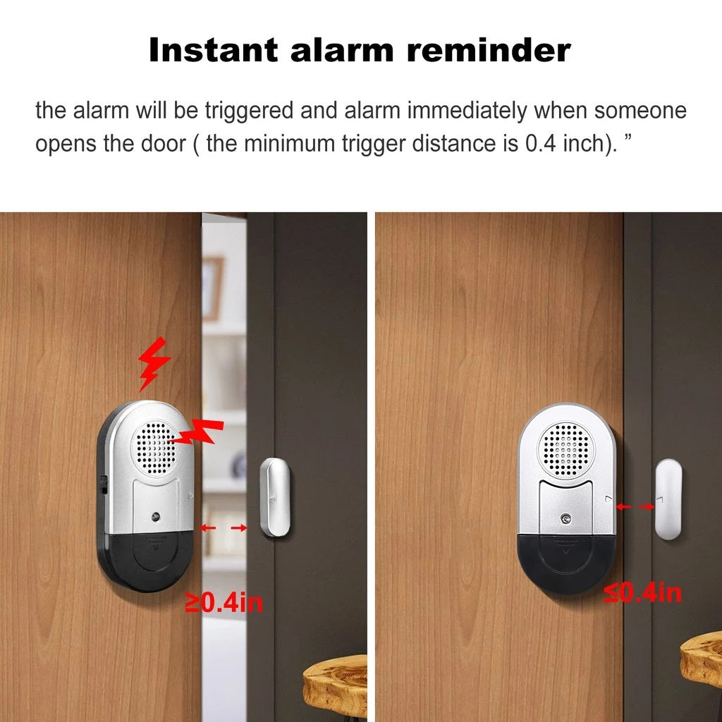 Affordable Wireless Alarm for Doors and Window showing door sensor triggering alarm at 0.4 inch distance