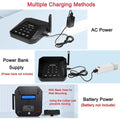 Daytech CI05 WT22 Walkie Talkie Intercom Set showing multiple charging methods including AC power, power bank supply, and battery power options