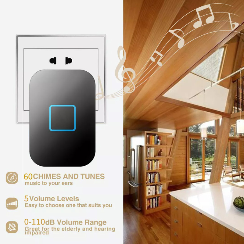 Daytech DB09 Doorbell for Home black smart chime plugged into wall outlet with 60 chimes and adjustable volume levels