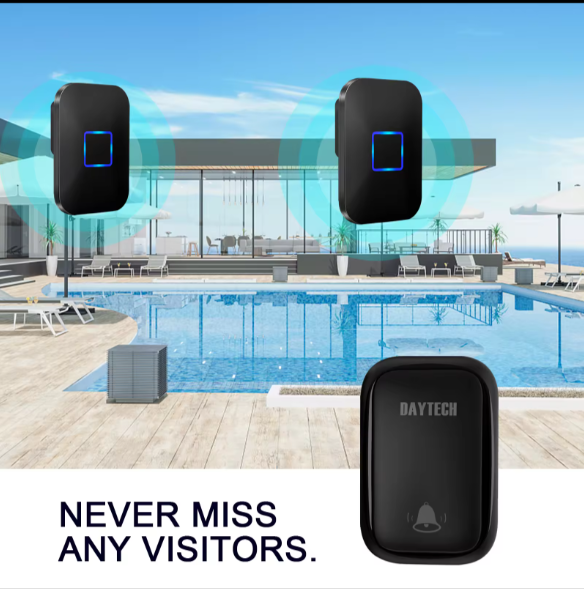 Daytech DB09 Doorbell for Home black wireless chime units by poolside alerting visitors