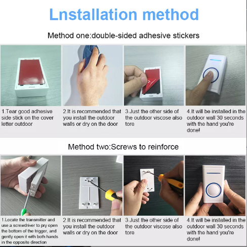 Installation guide for DAYTECH DB27 Doorbell for home showing adhesive and screw mounting methods