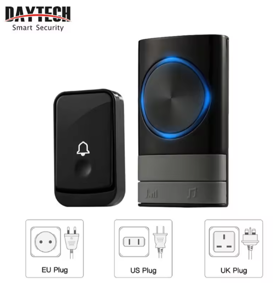 DAYTECH DB27 Doorbell for home with black transmitter and receiver showing EU US and UK plug options