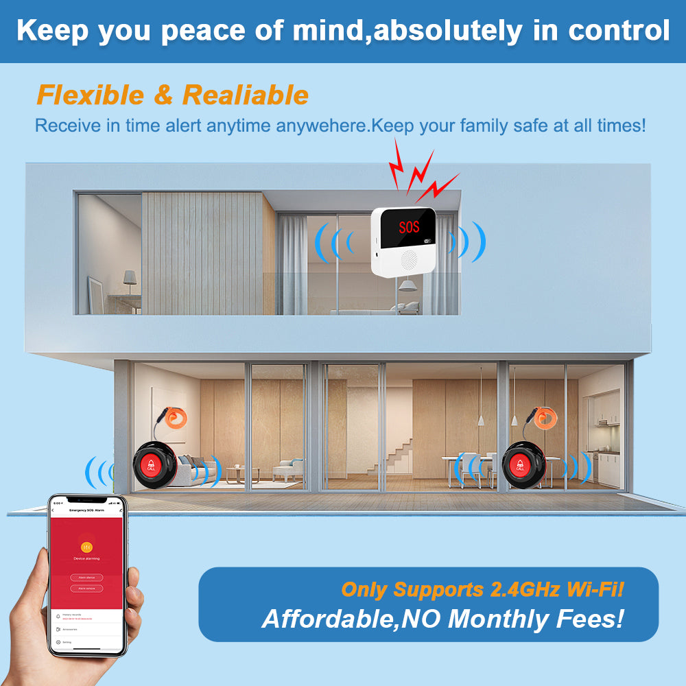 caregiver pager with emergency button alarm for seniors showing SOS alert and smartphone connectivity