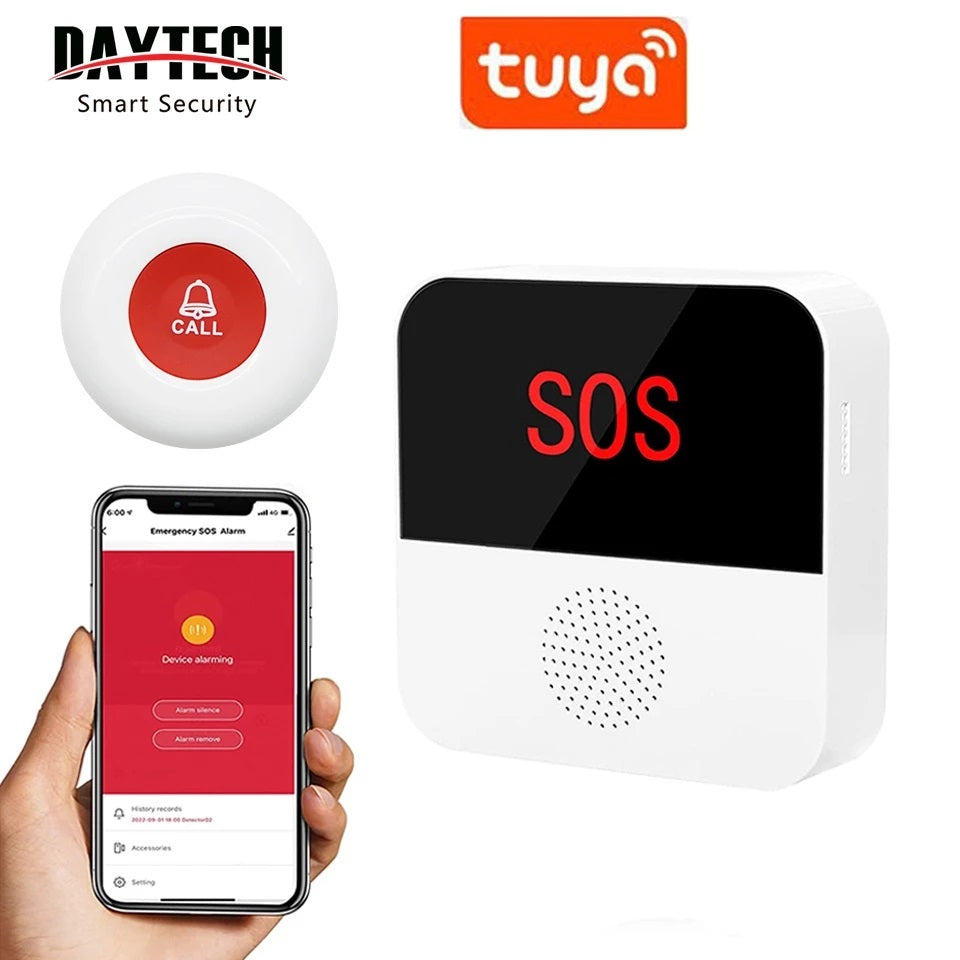 caregiver pager with emergency button alarm for seniors showing SOS display and mobile alert app