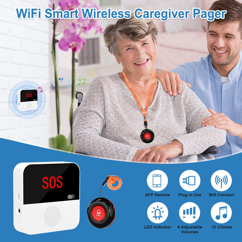WiFi Smart Wireless Caregiver Pager with emergency button alarm for seniors and remote app control
