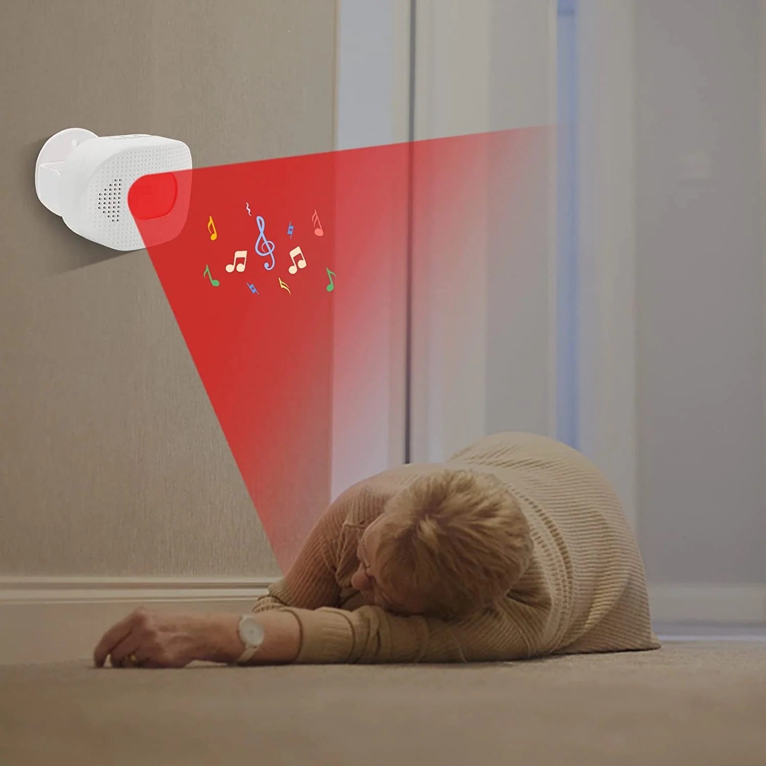 Daytech HW03 Motion Sensor Alert Device mounted on wall detecting a person on the floor with alert sound